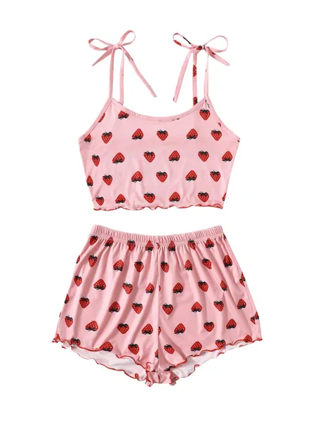 SweatyRocks Women's Summer Strawberry Print Cami Top and Shorts Sleepwear Pajamas Set - X-Large Strawberry Pink