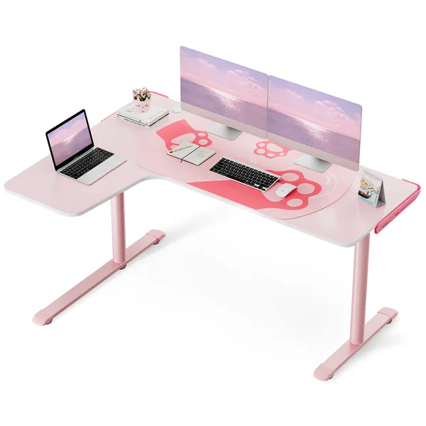 EUREKA ERGONOMIC L60 Gaming Desk Pink, L Shape Computer Corner Desk with Cable Management Mouse Pad for Home Office Work Study Writing Table Girl/Female/E-Sports Gamer, Easy to Assemble, Left Side - Left Side