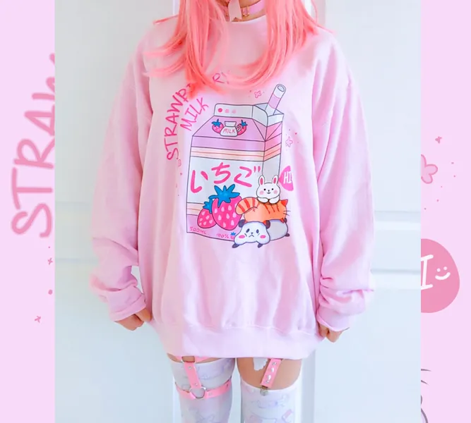 Kawaii sweatshirt, Kawaii clothing, Strawberry Milk kawaii sweater, Yume Kawaii pink sweatshirt, Fairy kei sweater, Pastel kawaii 389S