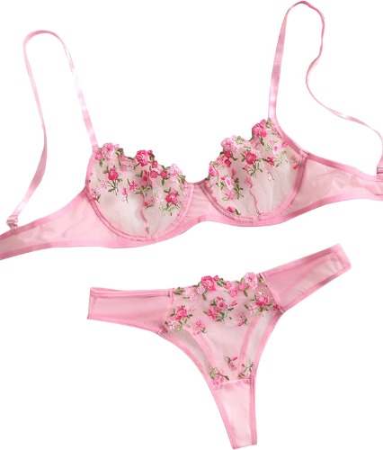 WDIRARA Women's Floral Embroidery Underwire Lingerie Set Mesh Bra and Panty Set - Medium Pink