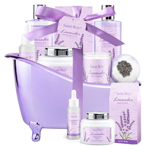 Home Bath Spa Gift Basket for Women - Lavender Bath Sets for Women Gift Aromatherapy Home Spa Kit with Shower Gel, Shampoo, Body Oil, Bath Bomb, Soy Candle & More, Best Gifts for Her Mothers day - Lavender