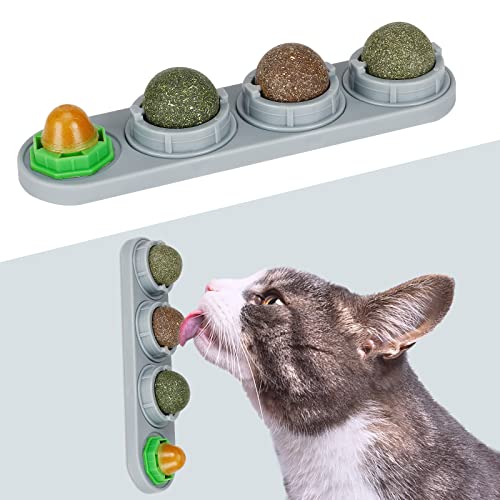 SINROBO Catnip Ball for Cats Wall, 4 Pack, Silvervine Balls, Edible Toys, Lick Safe Healthy Kitten Chew Toys, Teeth Cleaning Dental Toys, Wall Treats (Grey) - Grey