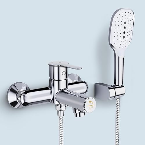 KULACO Badewannenarmatur mit Handbrause, Wasserhahn Badewanne mit Druckschalter, Einhand Armatur Badewanne aus Messing, Chrom Wannenarmatur mit 3 Funktionen, Mischbatterie Dusche Duscharmatur für Bad - Badewannenarmatur mit Handbrause