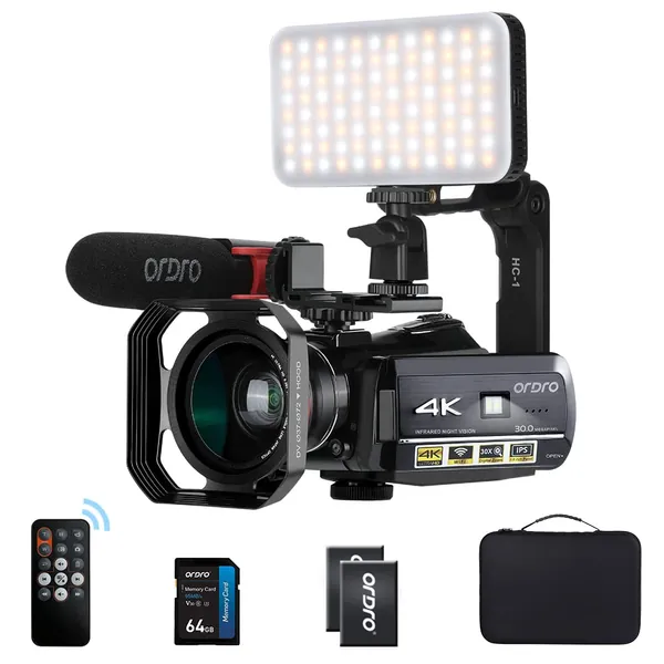 Camcorder 4k Video Camera, ORDRO HD 1080P 60FPS Vlog Camera IR Night Vision Video Recorder 3.1’’ IPS WiFi Camcorder with Microphone, LED Light, Wide-Angle Lens, Handheld Holder and Carrying Case