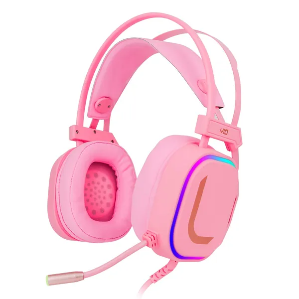 7.1 Surround Sound Headphone, USB Gaming Headset Mic Cancel Over-Ear Gaming Headphones with LED Light for PC (Pink)