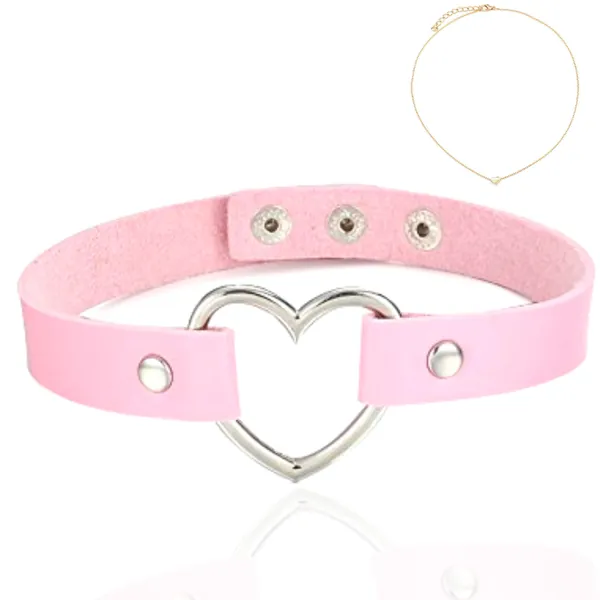 TOVLIS Pink Heart Choker Necklace Fashion Accessories for Women Men - Adjustable Eco PU Leather Love Heart-Shape Collar Jewelry Chocker For Teenage Girls