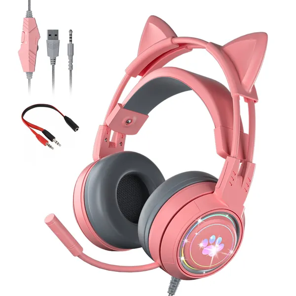 Gaming Headset Wired Cat Ear Headphone, Pink Headphones for Kids with RGB Light Over Ear Gaming Headphones with Microphone Stereo Sound Headphones 3.5mm Jack Headphone for PC, PS4, Laptop