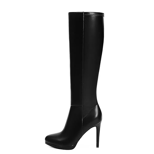 Modatope Knee High Boots Women Platform Boots Pointed Toe Tall Boots 4 In Stiletto High Heel Long Boots Side Zipper Dress Knee High Boots - 7 - Black Pu