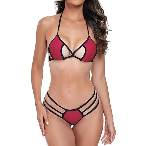 SHERRYLO Micro Bikini Extreme Thong Swimsuit for Women Sexy Bikinis Gstring Bottom Womens Two Piece Bathing Suits Swimsuits - 23018-wine Red Black - Large