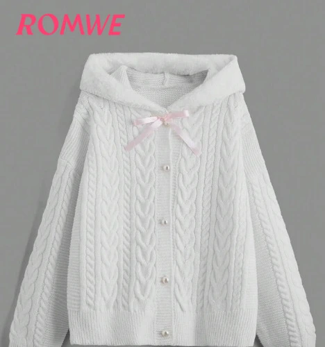 ROMWE Kawaii Himekaji Cable Knit Drop Shoulder Hooded Cardigan