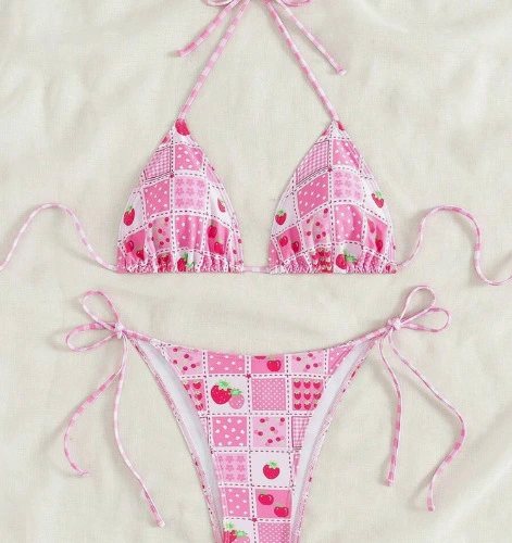 Summer Women Halter Neck Backless Printed Bikini Top And Bottom Set