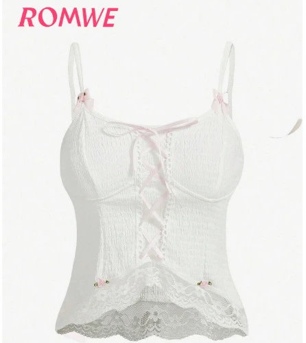 ROMWE Kawaii Lace Up Himekaji Contrast Lace Cami Top