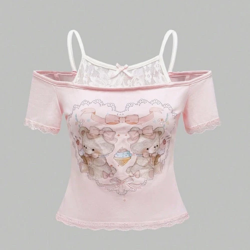 ROMWE Kawaii Women's Himekaji 2 In 1 Contrast Lace Cute Style Heart Bear & Lace Bow