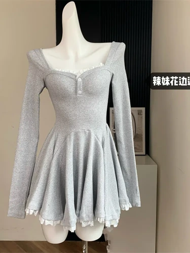 Spring Solid Color Lace Patchwork Women Retro Frocks Square Collar Long Sleeve Pleated Simple Dress Female French Vintage Style - AliExpress 