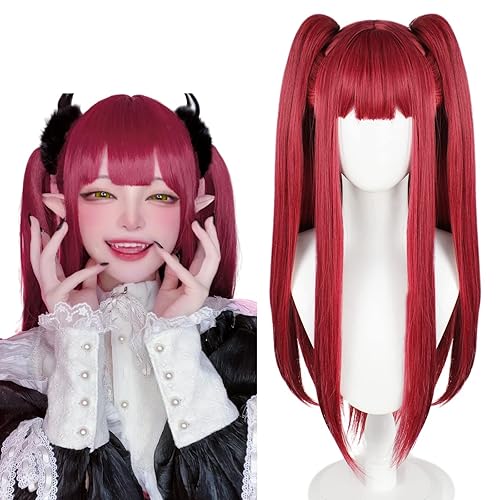 Anogol Hair Cap+3 Pieces Set Long Wine Red Wig + (1 Hair Cap+2 Ears) With 2 Ponytails Straight Wig with Bangs for Women Girls Devil Cosplay Costume Synthetic Hair Wig Costume for Anime Halloween Party - Wine Red
