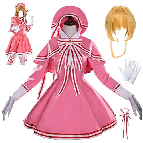 Card Captor Cosplay Costume Cosplay Dress Outfit Pink Dress Battle Suit with Hat Halloween - Pink(wig) - Small