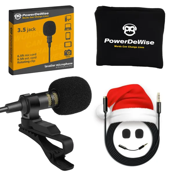 PowerDeWise Professional Grade Lavalier Clip On Microphone - Lav Mic for Camera Phone iPhone GoPro Video Recording ASMR - Small Noise Cancelling 3.5mm Tiny Shirt Microphone with Easy Clip On System