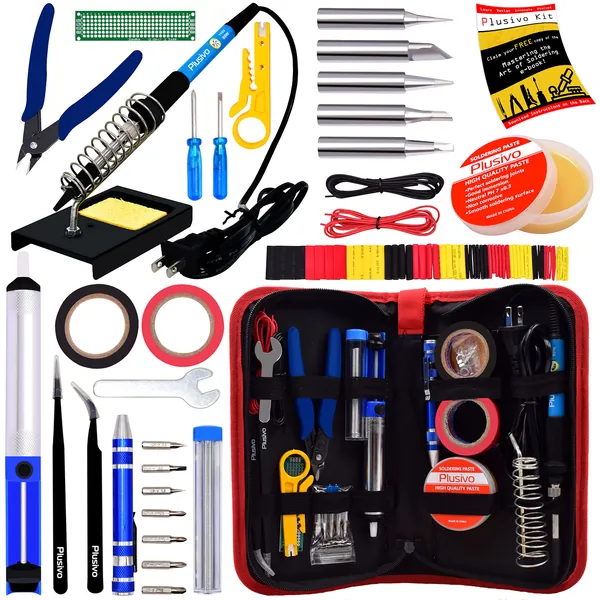 Soldering Iron Kit - Soldering Iron 60W Adjustable Temperature, Solder Wire, Soldering Stand, Wire Cutter, Solder Tips, Desoldering Pump, Tweezers, Solder Paste, Heatshrink Tubes from Plusivo