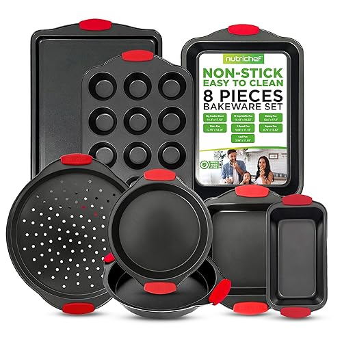 NutriChef Non-Stick Kitchen Oven Baking Pans-Deluxe & Stylish Nonstick Gray Coating Inside Outside, Commercial Grade Restaurant Quality Metal Bakeware with Red Silicone Handles NCSBS8S, 8 Piece Set - 8-Piece Set
