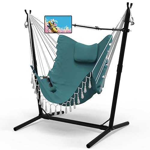 Hammock Chair with Stand,Heavy-Duty Hanging Chair with Stand, for Indoor Outdoor,Sturdy Swing Chair with Stand Max Load 350 Pound,with Cell Phone Holder - Aqua