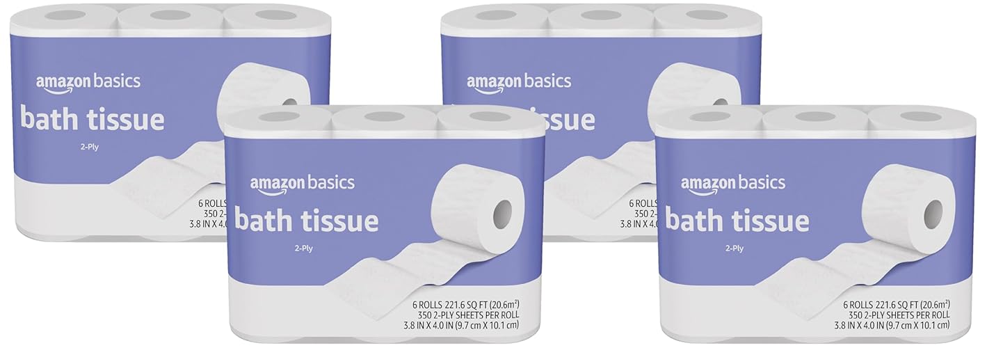 Amazon Basics 2-Ply Toilet Paper 24 Rolls = 96 Regular Rolls, 350 Sheets, (4 Packs of 6), Unscented - 350 sheet (Pack of 24)