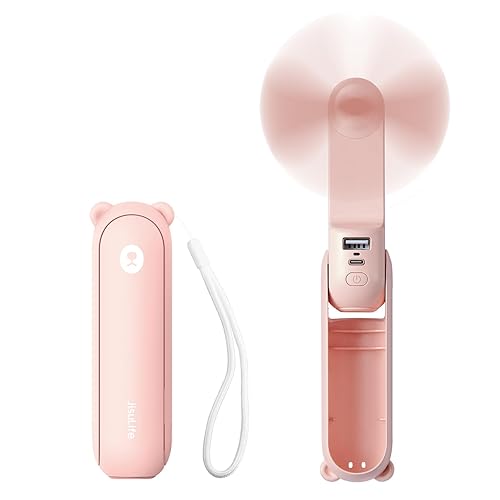 JISULIFE Handheld Mini Fan, 3 IN 1 USB Rechargeable Portable Fan [12-19 Working Hours] with Power Bank, Flashlight, Pocket Design for Travel/Summer/Concerts/Lash, Gifts for Women (Pink) - Pink