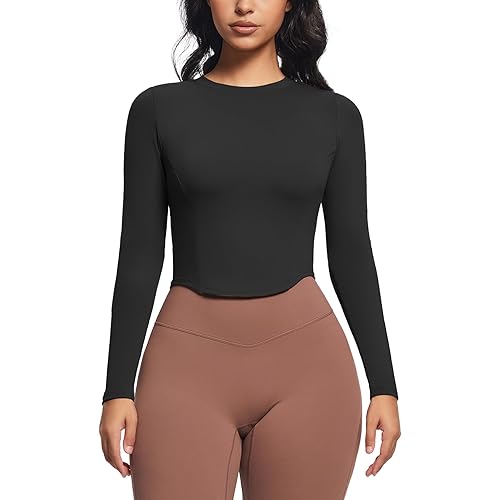Aoxjox Long Sleeve T-Shirt for Women GEO Seamlines Padded Curve Longline Workout Crop Top - With Shelf - Medium - Black