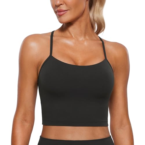 CRZ YOGA Womens Butterluxe Y Back Longline Sports Bras - Spaghetti Straps Racerback Padded Yoga Bra Workout Crop Tank Top - Medium - Black