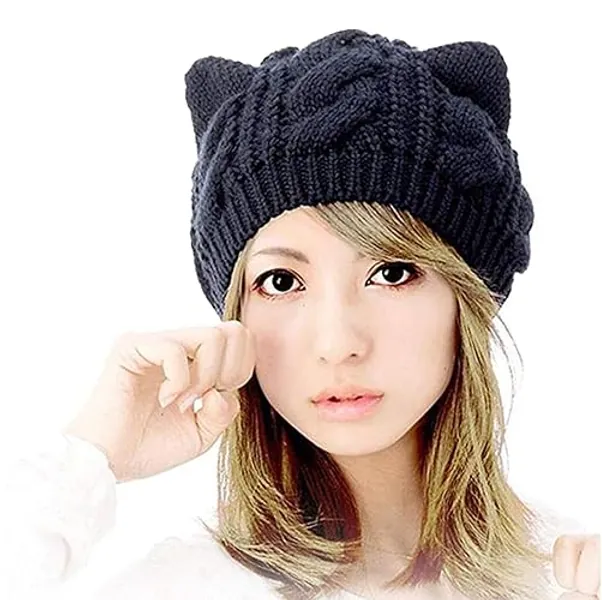 Amberetech Cute Woollike Knitted CAT Kitty Ears Women Lady Girl Headgear Crochet Hats - Small - Black
