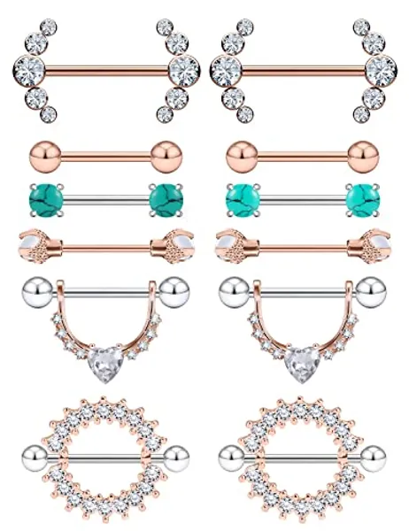 Dyknasz 14G Nipple Rings for Women Surgical Steel Nipple Piercing Jewelry Nipple Shield Barbell Ring Bar Clear Diamond CZ Set