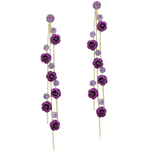 Long Tassel Chain Purple Rose Flower Dangle Drop Stud Earrings - Purple