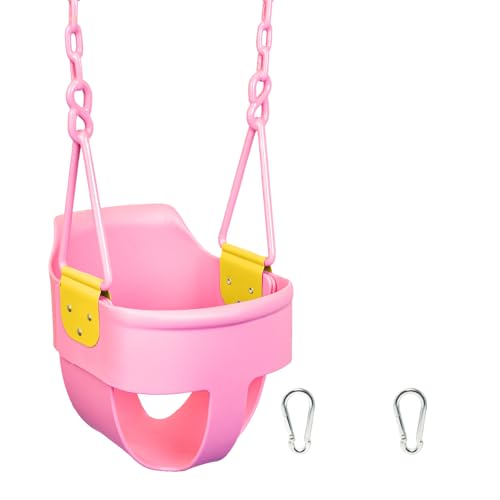 Premium High Back Full Bucket Toddler Swing Seat with Finger Grip, Plastic Coated Chains for Safety and Carabiners for Easy Install - Pink - Squirrel Products - Pink