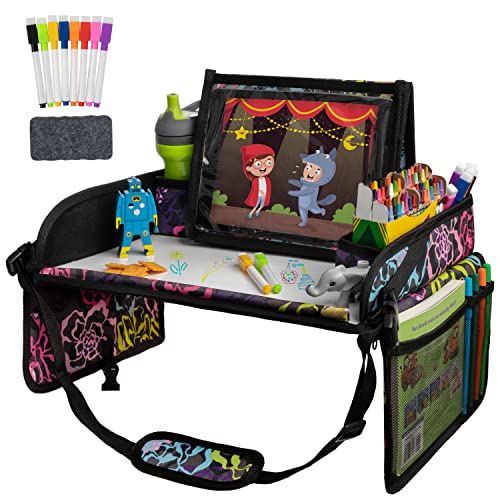 Lusso Gear Kids Travel Tray for Toddler Car Seat, Travel Tray for Kids Car Seat, Lap Tray for Airplane, Kids Travel Desk Essential Accessories, Carseat Table Tray for Kids Road Trip Activities (Black) - Floral