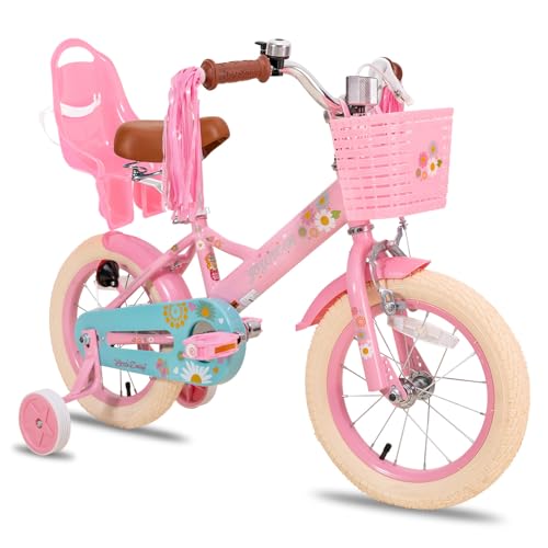 JOYSTAR Little Daisy Kids Bike for Girls Boys Ages 2-7 Years, 12 14 16 Inch Girls Bikes with Doll Bike Seat & Streamers, Boys Bikes with Flag & Number Plate, Multiple Colors - LittleDaisy-Pink - 12 Inch With Training Wheels