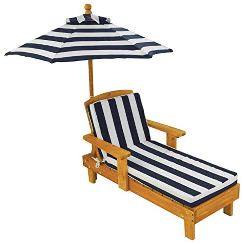 KidKraft Outdoor Wooden Chaise Lounge, Backyard Furniture Chair with Umbrella and Cushion, for Kids or Pets, Navy and White Striped Fabric - Chair