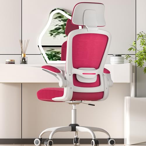 Mimoglad Office Chair, High Back Ergonomic Desk Chair with Adjustable Lumbar Support and Headrest, Swivel Task Chair with flip-up Armrests for Guitar Playing, 5 Years Warranty - Barbie Pink - Modern