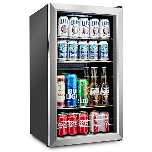 Ivation 126 Can Beverage Refrigerator | Freestanding Ultra Cool Mini Drink Fridge | Beer, Cocktails, Soda, Juice Cooler for Home & Office | Reversible Glass Door & Adjustable Shelving, Stainless Steel - 126 Can - Stainless Steel