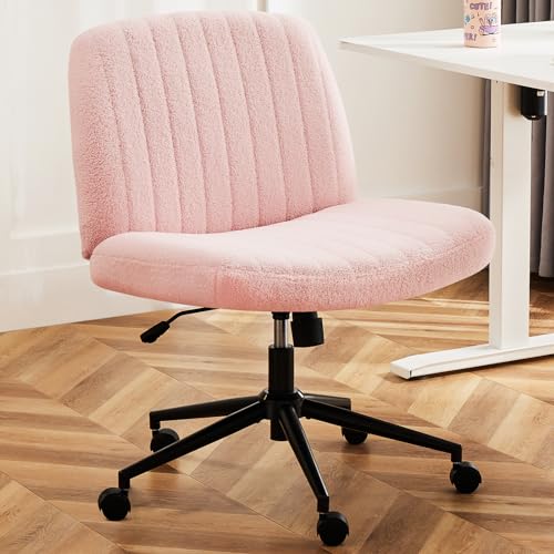 DUMOS Criss Wheels Cross Legged Armless Wide Dual-Purpose Base, Adjustable Swivel Teddy Fabric Task Vanity Home Office Desk Chair, Pink - With Wheels - Pink