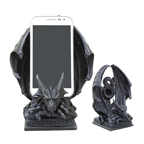 Ebros Ancient Crouching Dragon Cell Phone Holder Statue Mythical Fantasy Dragon Figurine In Faux Stone Resin Desktop Decor