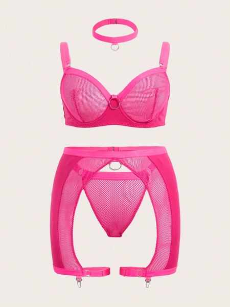Plus Mesh Underwire Garter Lingerie Set