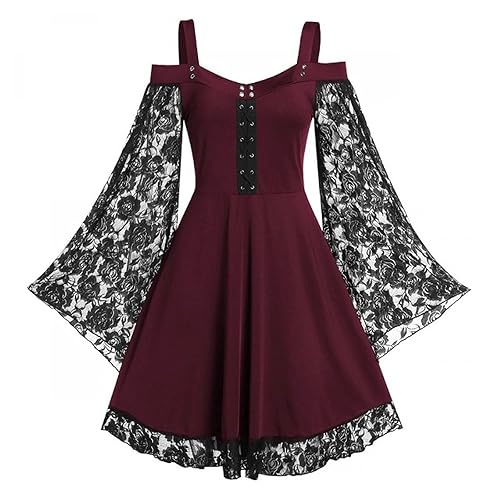 Gothic Vintage Lace Patchwork Women Dress Plus Size Goth Bandage Ladies Spaghetti Strap Dresses - 5X-Large - Burgundy
