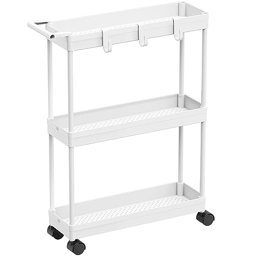SimpleHouseware 3-Tier Slim Rolling Cart with Handle and Hooks for Narrow Storage Places in Bathroom, Laundry and Kitchen, White - Slim - White