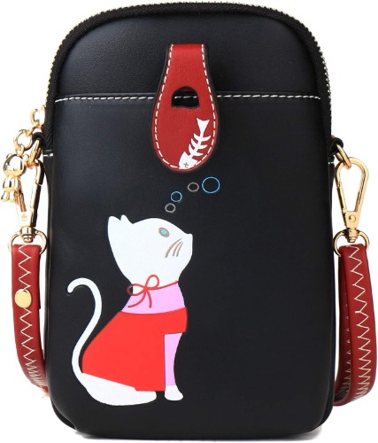 Small Crossbody Phone Bag for Women Leather Cute Cat Cellphone Purse Shoulder Bags PU Wallet - Black