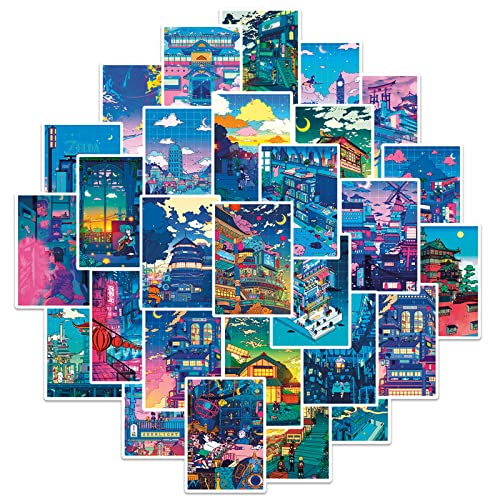 50pcs Japanese Anime Night Scene Stickers Cityscape Stickers Laptop Waterbottle Stickers for Kids Boys Girls Teens Anime Fans (Night Scene) - Night Scene