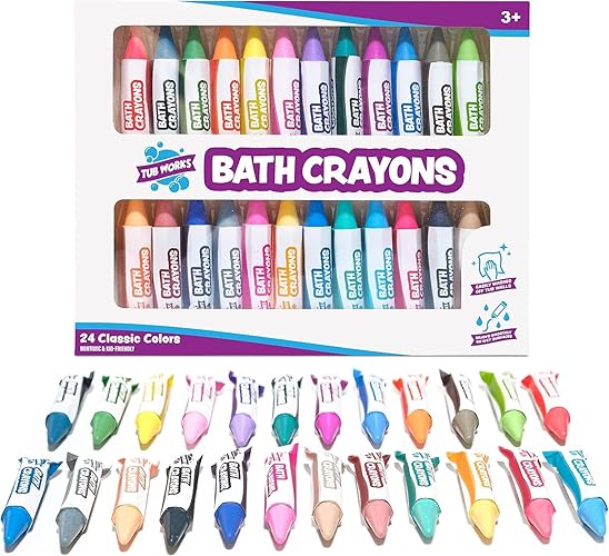 Tub Works® Smooth™ Bath Crayons Bath Toy, 24 Pack | Nontoxic, Washable Bath Crayons for Toddlers & Kids | Unique Formula Draws Smoothly & Vividly on Wet & Dry Tub Walls | Hexagon Grip Bathtub Crayons - 24 Pack