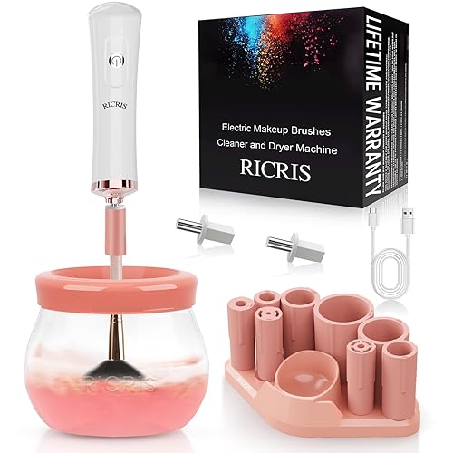 RICRIS Electric Makeup Brush Cleaner Machine - Ultra Fast USB Make Up Brush Washer and Dryer - Automatic Cosmetic Brush Cleanser Tool Clean and Dry in Seconds for Beauty Women, Girls - White-Peach