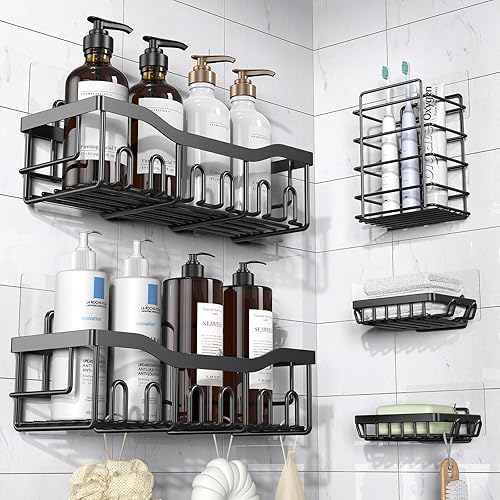 EUDELE Adhesive Shower Caddy, 5 Pack Rustproof Stainless Steel Bath Organizers With Large Capacity, No Drilling Shelves for Bathroom Storage & Home Decor - Black - Larger Size