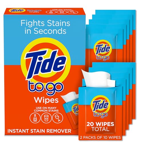 Tide Stain Remover for Clothes, Tide To Go Wipes, Instant Stain Remover for Clothes, Travel & Pocket Size, 20 Count - 10 Count (Pack of 2) - Tide