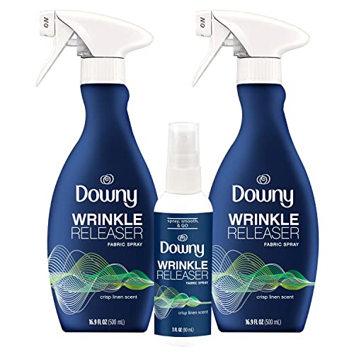 Downy Wrinkle Releaser Spray, All In One Formula, Removes Wrinkles, Static and Odors, Crisp Linen Scent, 16.9 Fl Oz, Pack of 2 + Travel Size Spray - Linen - 12.27 Fl Oz (Pack of 3)