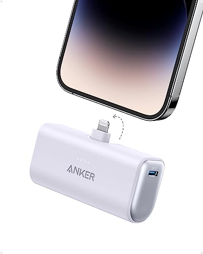 Anker Nano Portable Charger for iPhone, with Built-in MFi Certified Lightning Connector, Power Bank 5,000mAh 12W, Compatible with iPhone 14/14 Pro / 14 Plus, iPhone 13 and 12 Series (Purple) - Purple